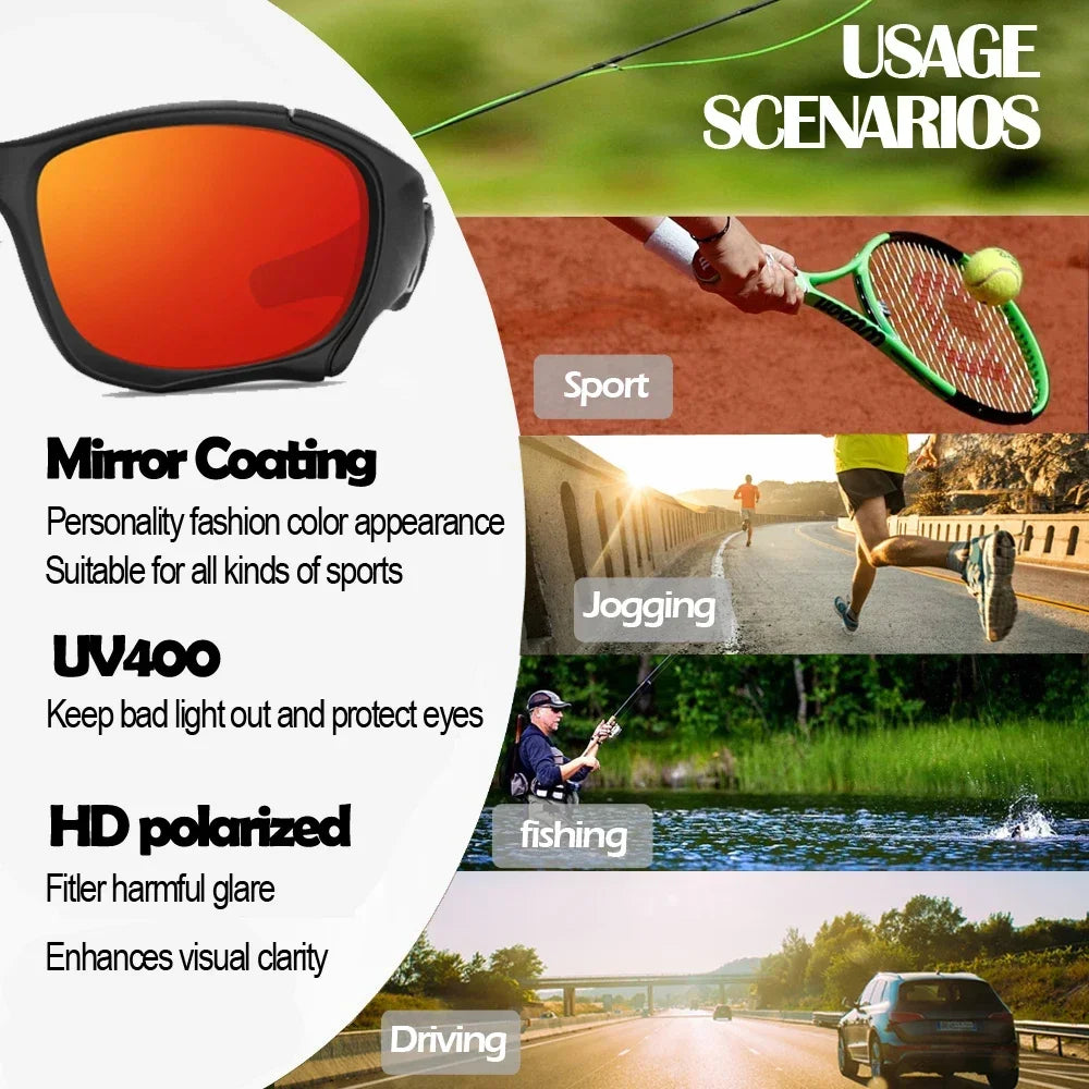 A set of polarized sports sunglasses with mirror coating and UV400 protection shown in various usage scenarios.