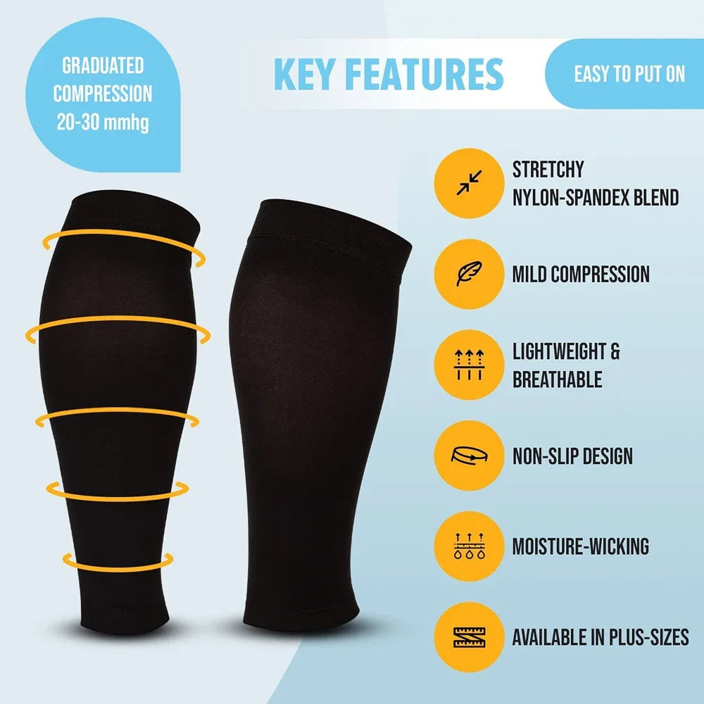 Black high-support leg compression sleeve shown on a model's leg, highlighting features like stretch and moisture-wicking.