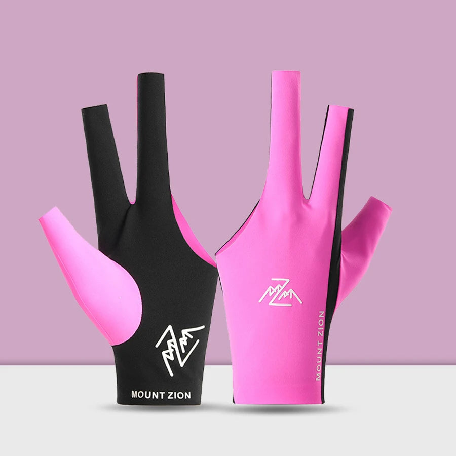 A pair of pink and black professional 3-finger billiard cue gloves standing upright against a light background.