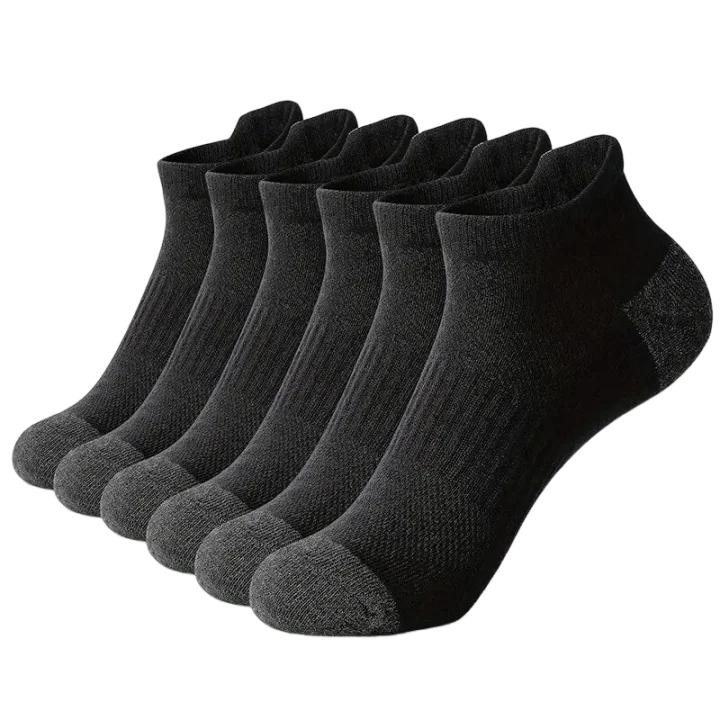 A stack of dark gray men's cotton blend ankle socks for sports and running.