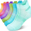 A variety of colorful breathable mesh ankle socks are displayed in a row.