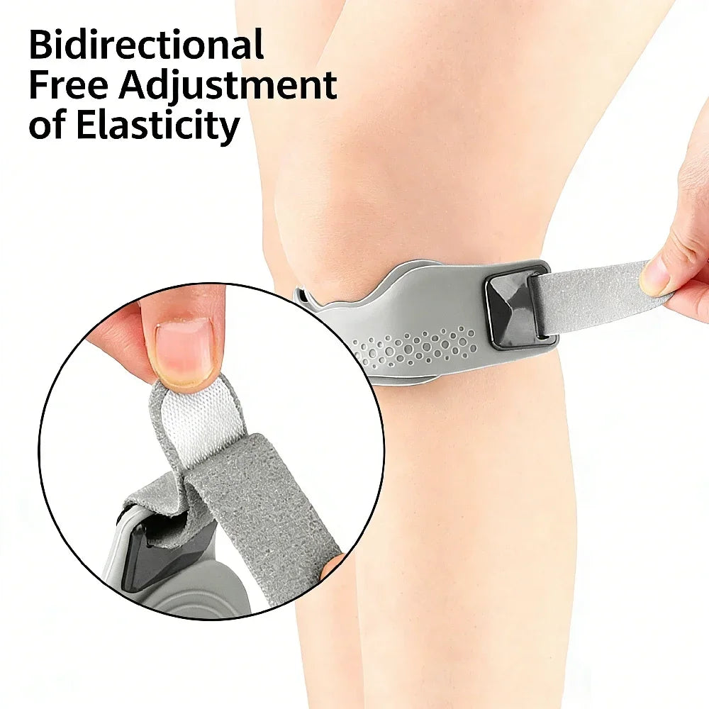 Gray elastic strap for bidirectional free adjustment of elasticity on the knee area.