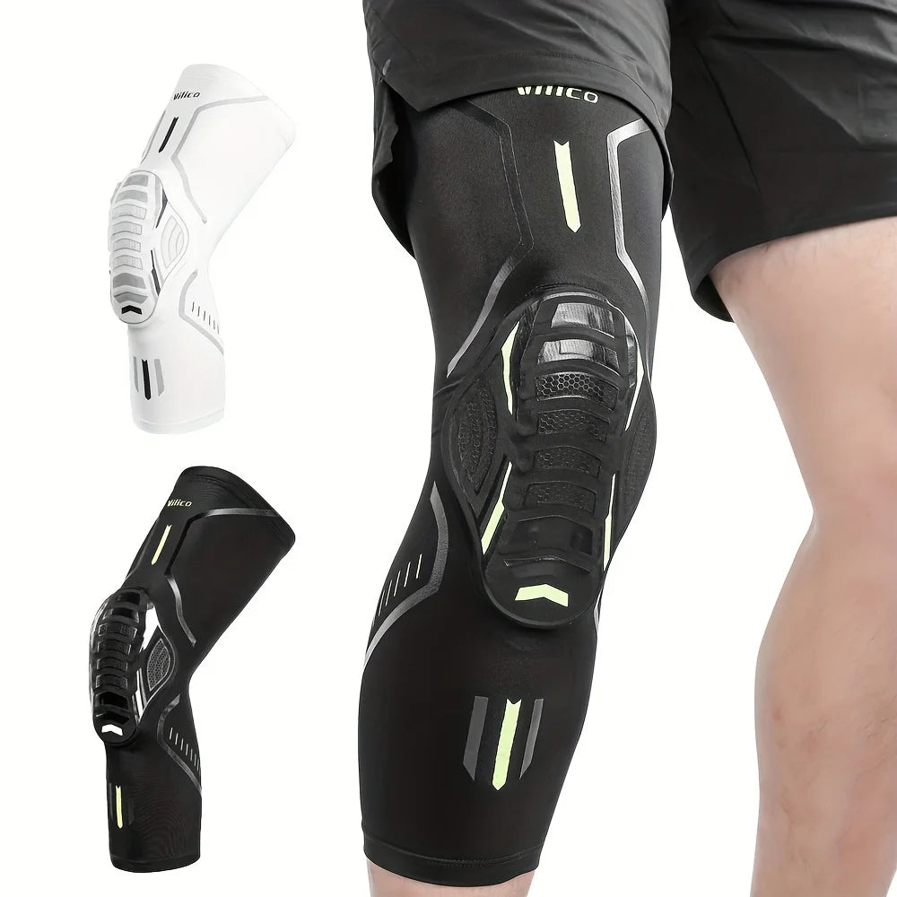 Black performance knee compression sleeve shown on a leg, with separate views of the sleeve and foot brace.