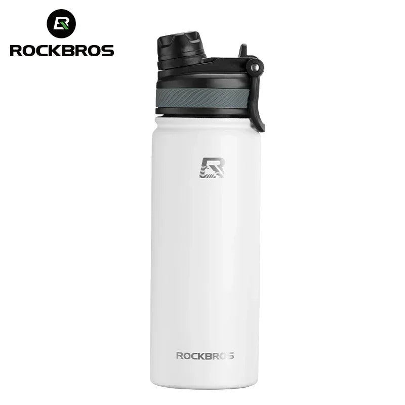 A white insulated stainless steel thermal water bottle with a black cap and silver logo.