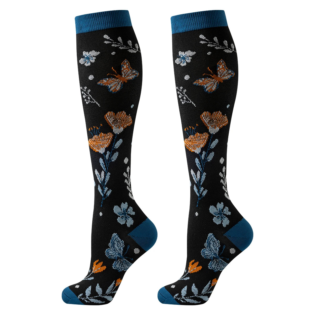 Pair of knee-high compression socks featuring a black background with floral and butterfly patterns and blue trim.