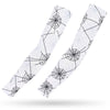 Pair of white ice silk arm sleeves featuring a black spiderweb pattern for sun and heat protection