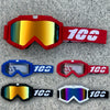 Four pairs of heavy-duty motorcycle and ATV goggles in red, blue, black, and white.