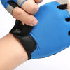 A hand wearing a blue and gray gym workout glove, demonstrating the anti-slip grip feature.