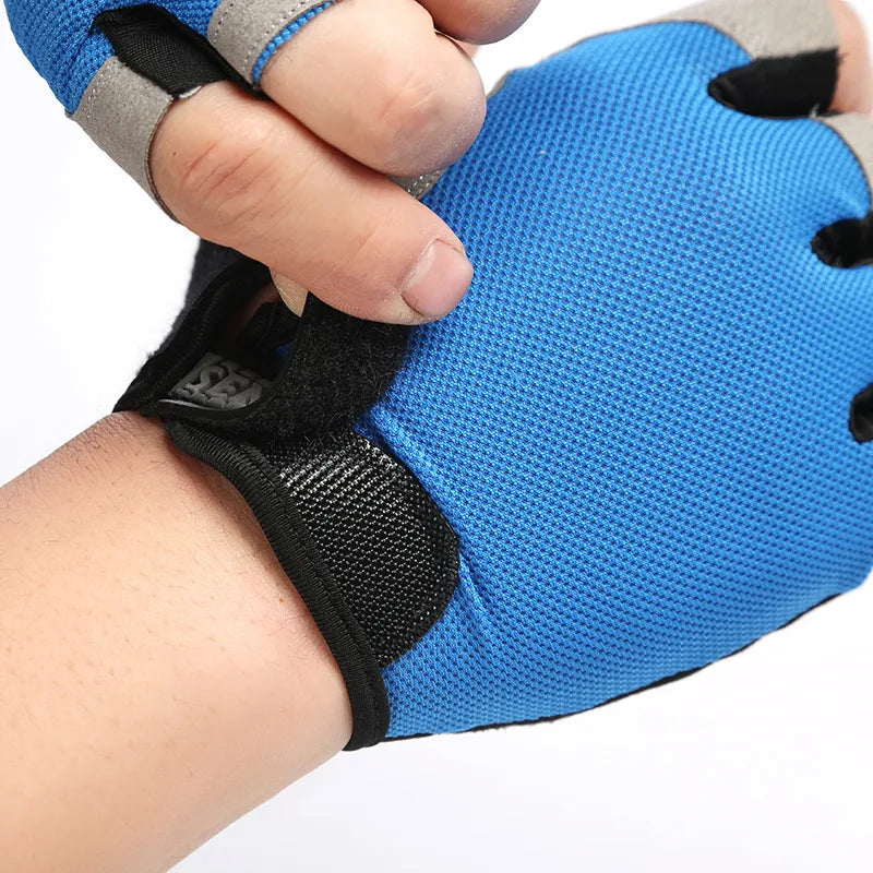 A hand wearing a blue and gray gym workout glove, demonstrating the anti-slip grip feature.