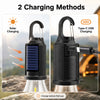 A black solar rechargeable camping lantern shown with two charging methods: solar panel and Type-C USB cable.