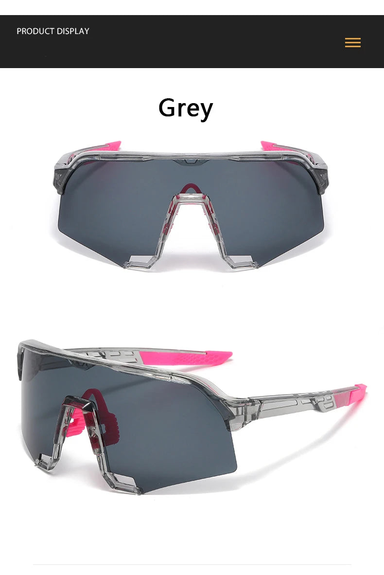 Graue modische, UV-Schutz-Sport-Riding-Sonnenbrille mit rosa Akzenten auf weißem Hintergrund