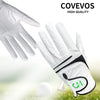 Guante de golf de cuero PU blanco premium en primer plano, con una pelota de golf sobre césped verde.