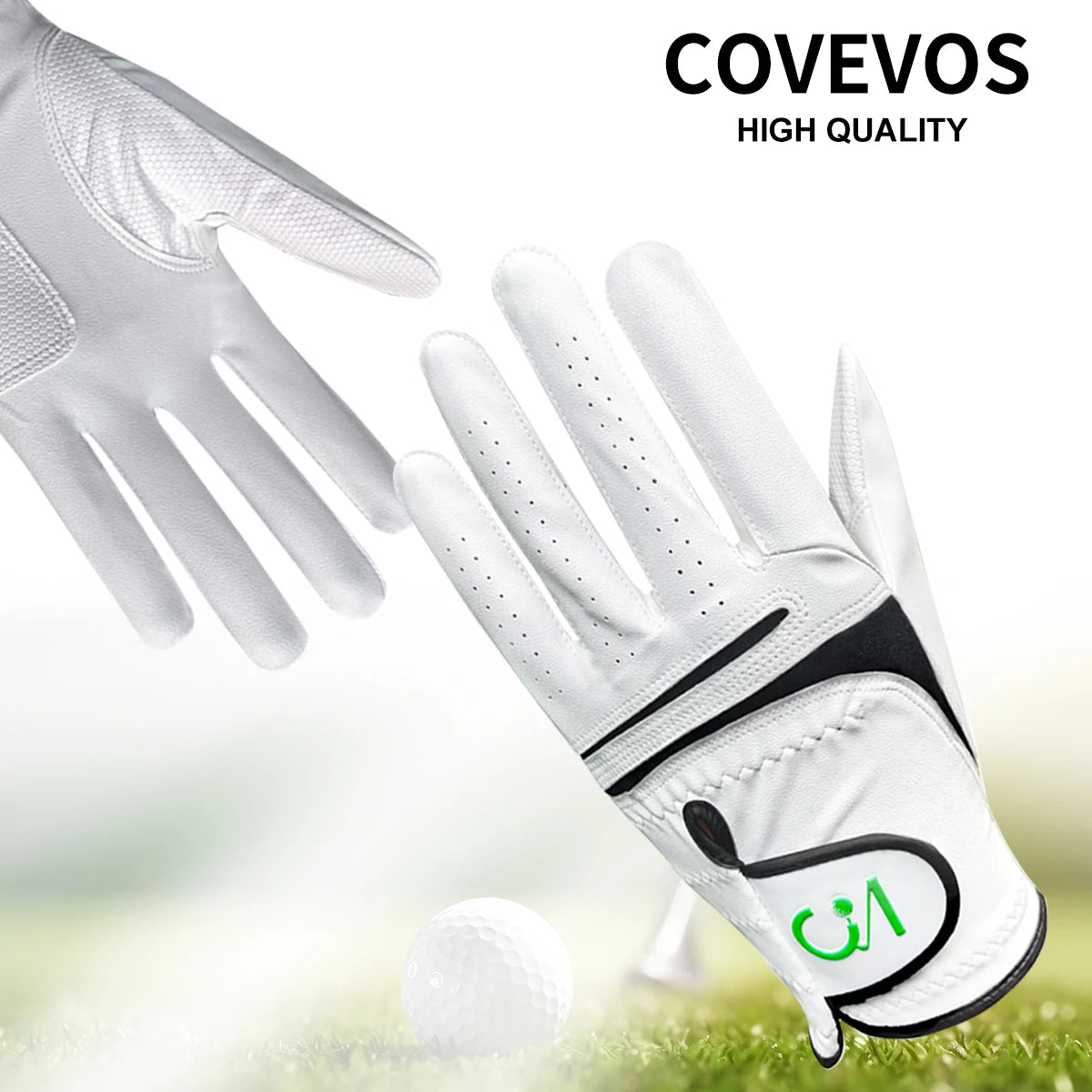 Guante de golf de cuero PU blanco premium en primer plano, con una pelota de golf sobre césped verde.