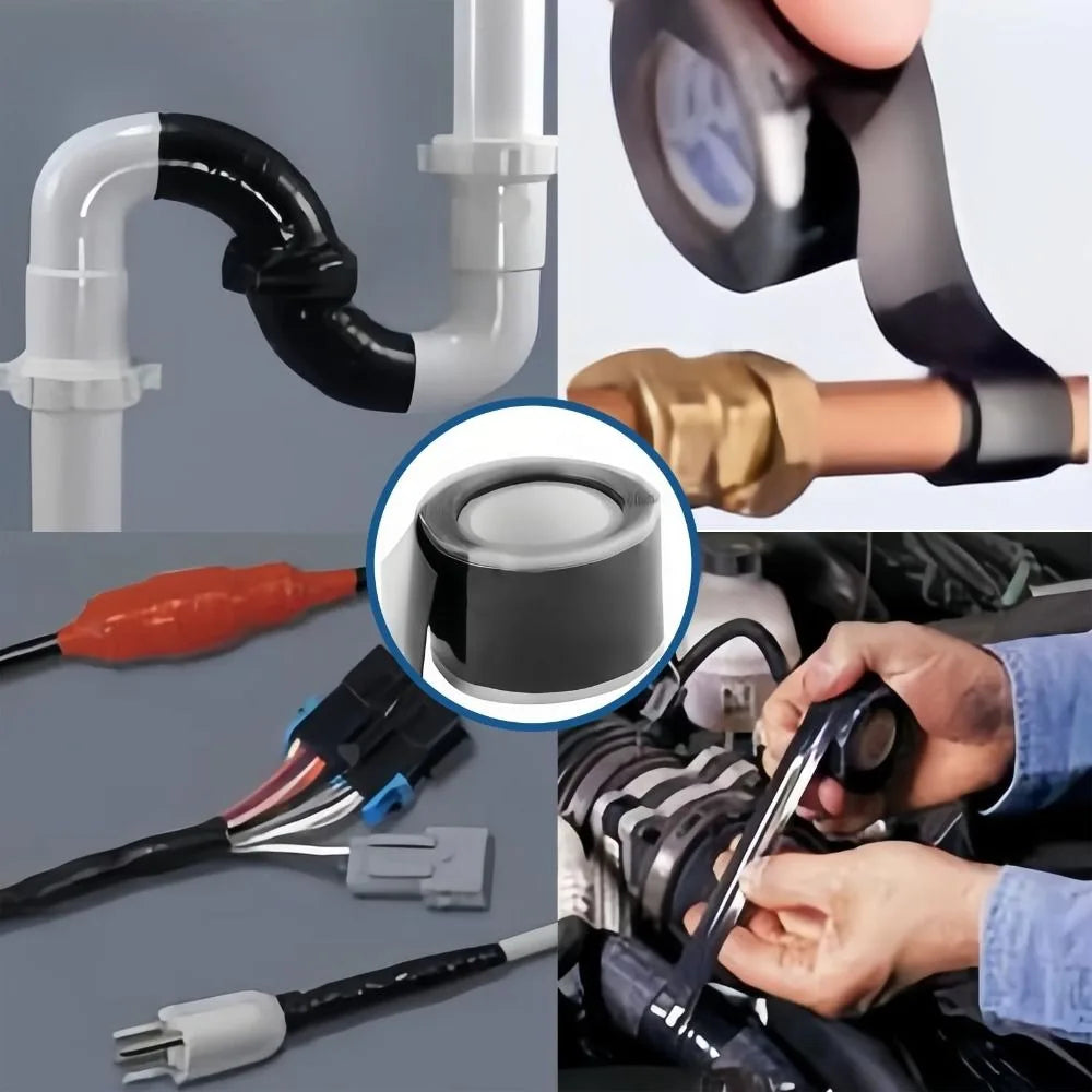 Close-up view of heavy duty self-fusing silicone repair tape being applied to a pipe and a hand applying it to a component.