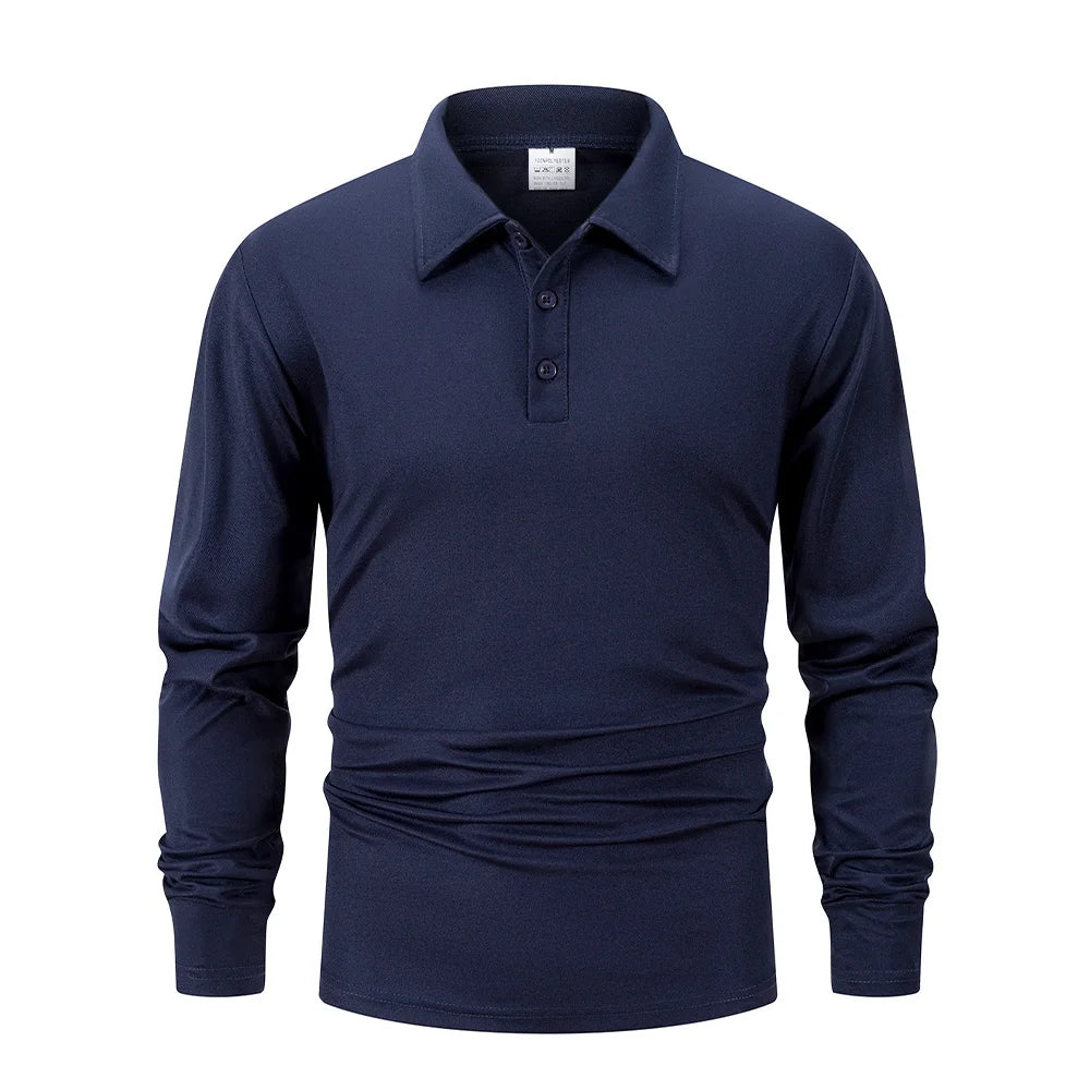 Navy blue men's breathable casual polo shirt with a collar and button placket