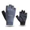 Gray and black fingerless cycling and fitness gloves shown against a white background.