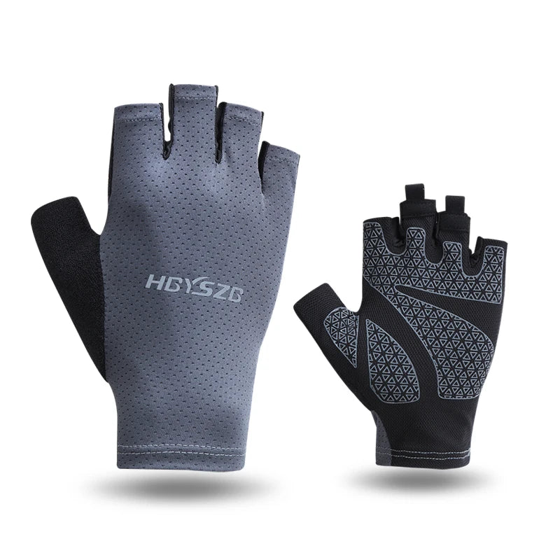 Gray and black fingerless cycling and fitness gloves shown against a white background.