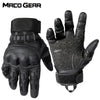A pair of black tactical PU leather touch screen gloves shown against a white background.