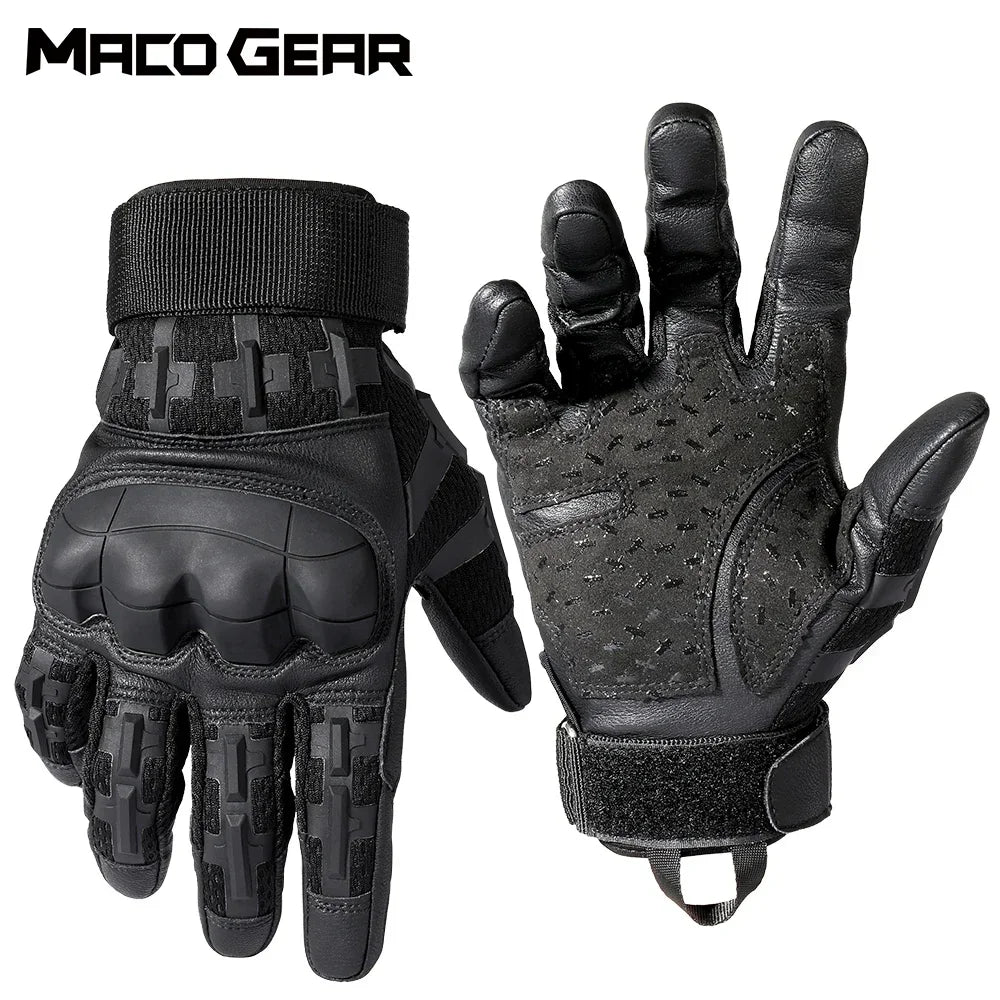 A pair of black tactical PU leather touch screen gloves shown against a white background.