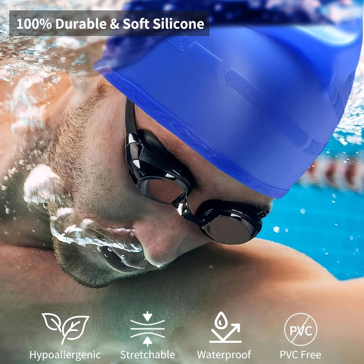 Nahaufnahme einer Person mit blauer Silikon-Schwimmhaube und schwarzen Sonnenbrillen im Wasser.