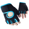 A pair of black fitness gloves with bright blue accents shown on a hand.