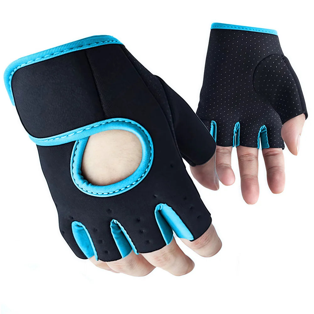 A pair of black fitness gloves with bright blue accents shown on a hand.