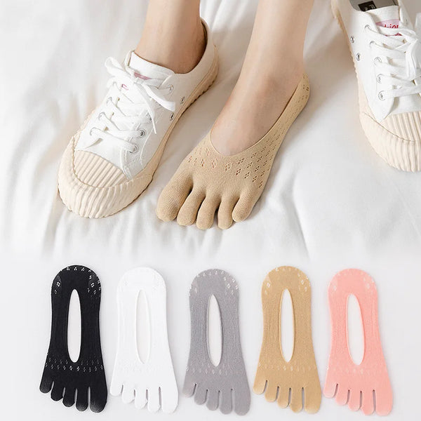 A pack of five ultra-thin invisible boat socks in various colors including black white gray beige and pink