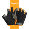 A pair of black and orange breathable half-finger sport gloves shown against an orange background.