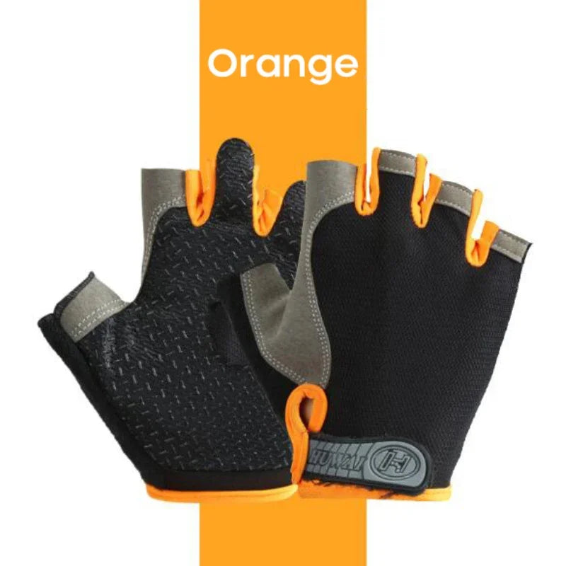 A pair of black and orange breathable half-finger sport gloves shown against an orange background.