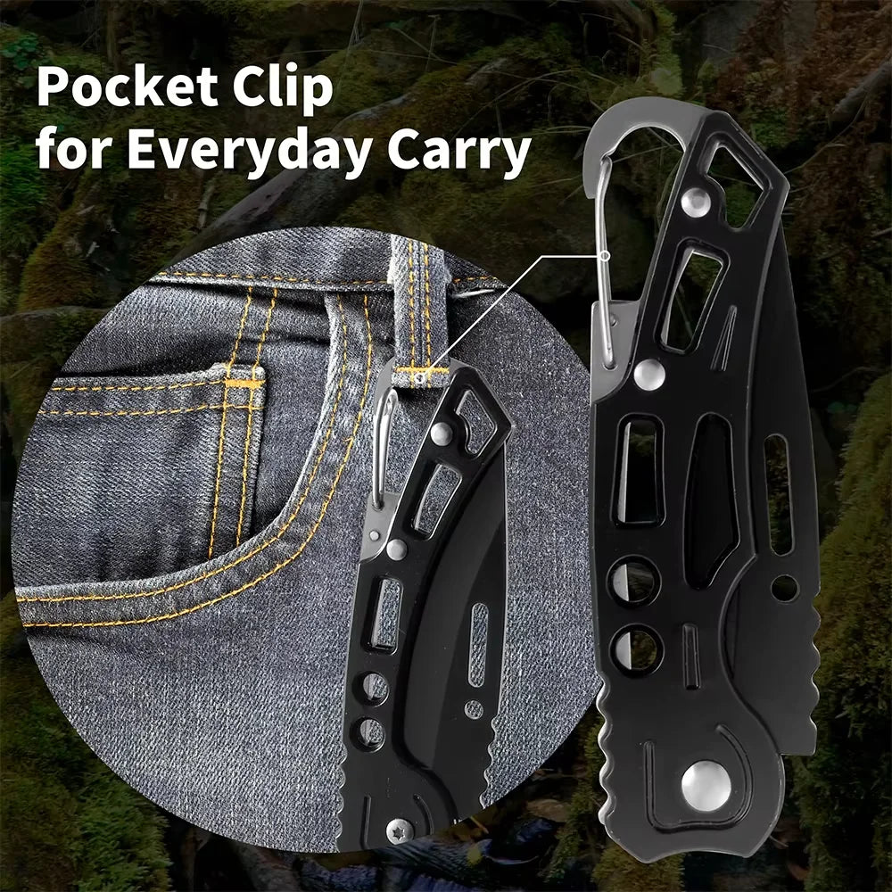 A black folding stainless steel survival knife is shown next to a denim pocket for everyday carry.