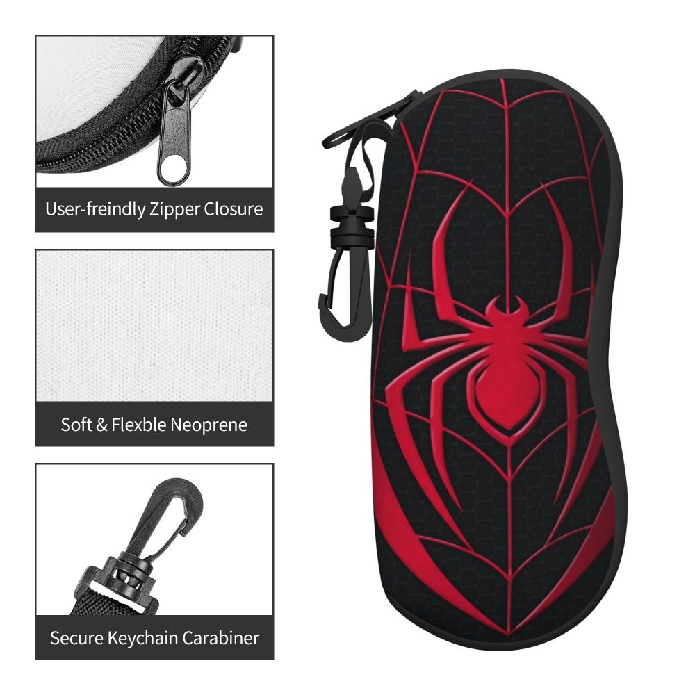 Black neoprene pouch with a red spider web design and a zipper closure.