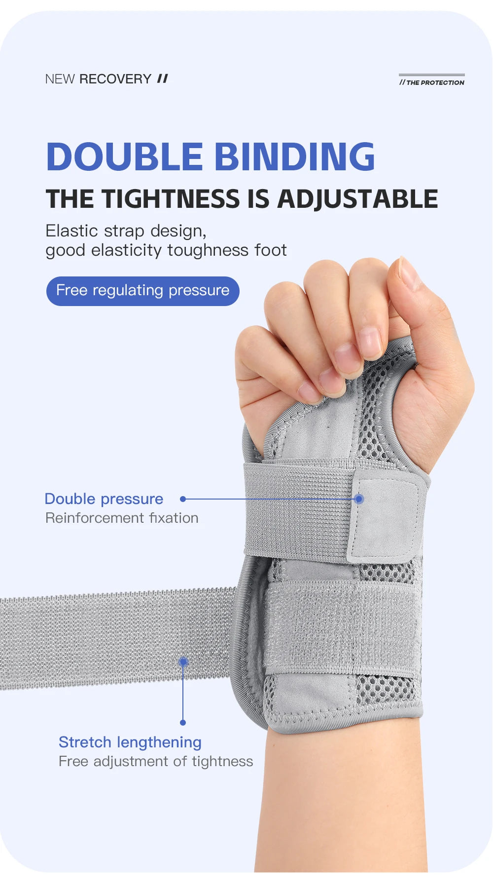 A hand is adjusting a gray elastic strap design wrist support brace for joint pain relief.