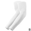 A pair of white UV protection arm sleeves shown in a vertical display.