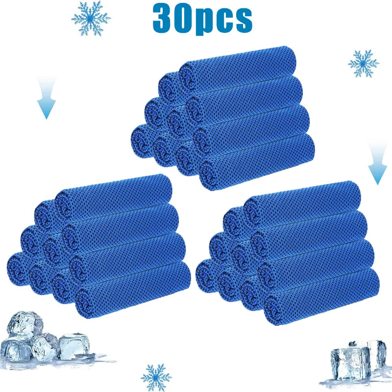 A set of 30 blue cooling microfiber towels for sports and wellness displayed on a white background.