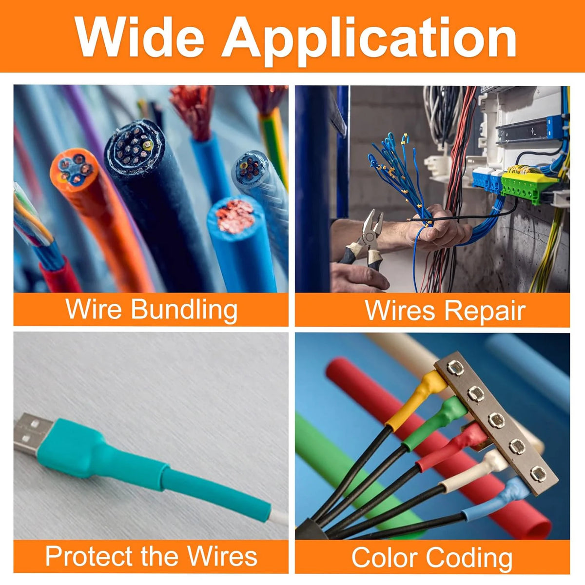 Kit que demuestra el agrupamiento, reparación, protección y codificación por color de cables usando tubo termocontraíble para