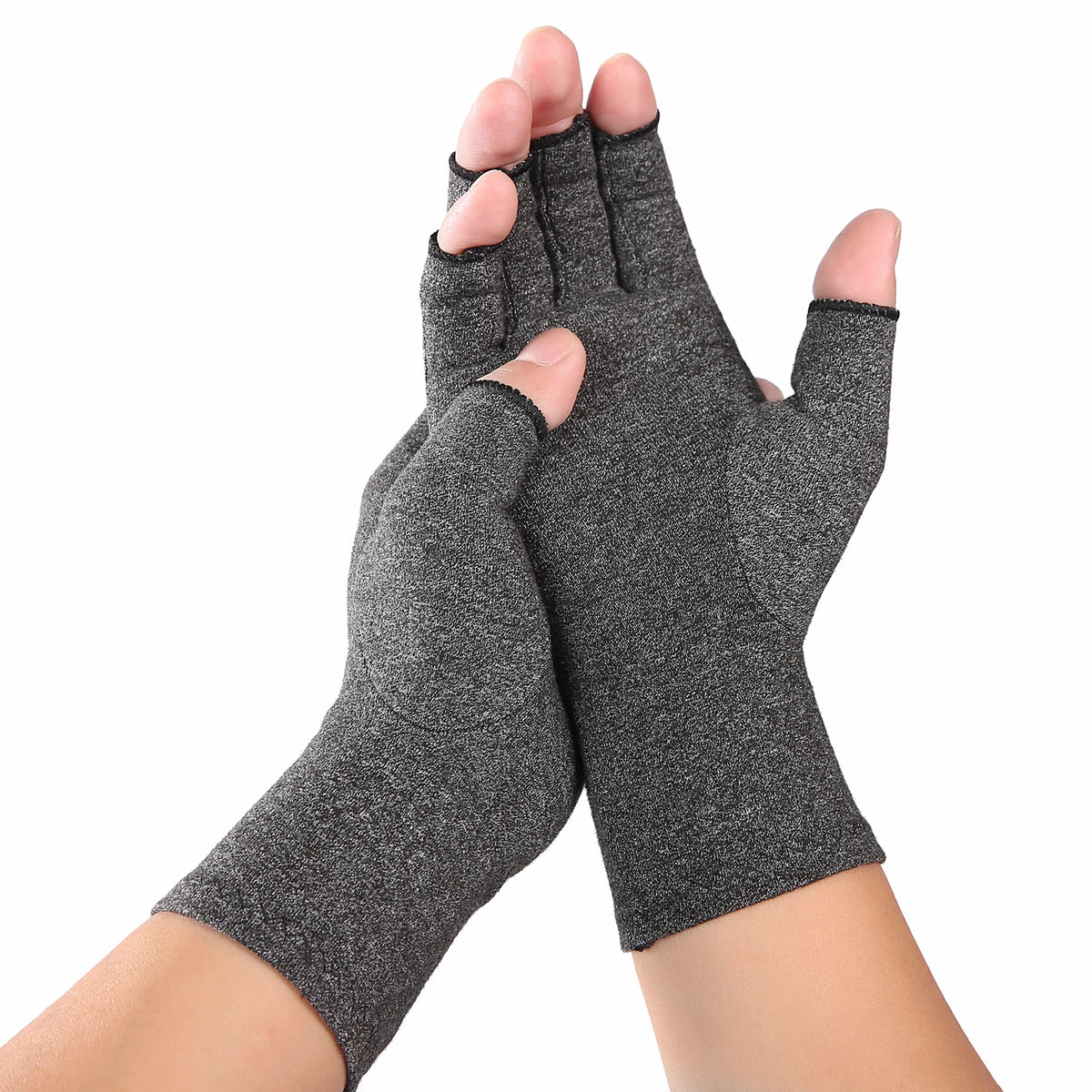 A pair of gray fingerless compression gloves worn on a hand and wrist.