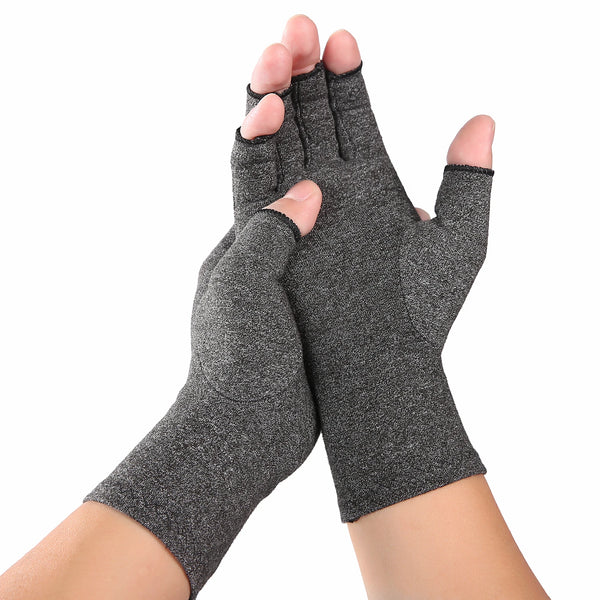 A pair of gray fingerless compression gloves worn on a hand and wrist.