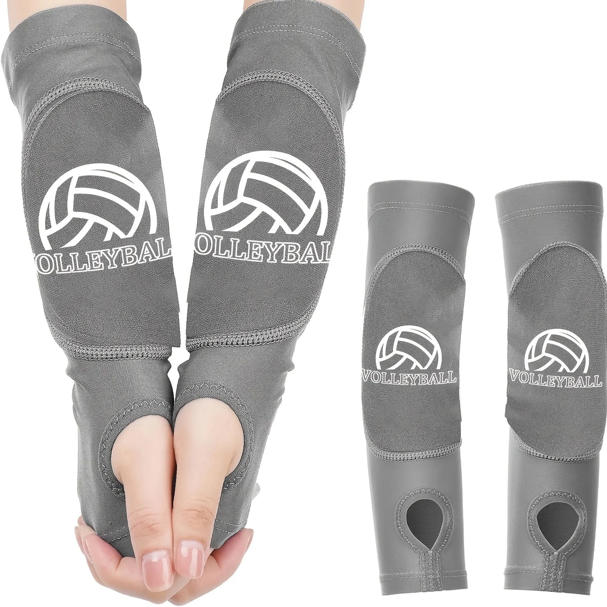 Manches de volleyball gris rembourrés montrés sur une main et un bras, démontrant l'ajustement et le design.