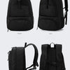 Black multi-sport fitness backpack shown from front, side, and back views.