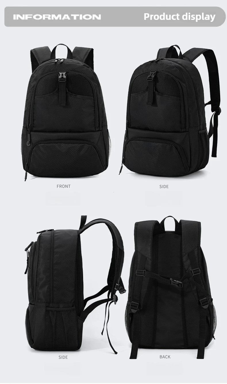 Black multi-sport fitness backpack shown from front, side, and back views.