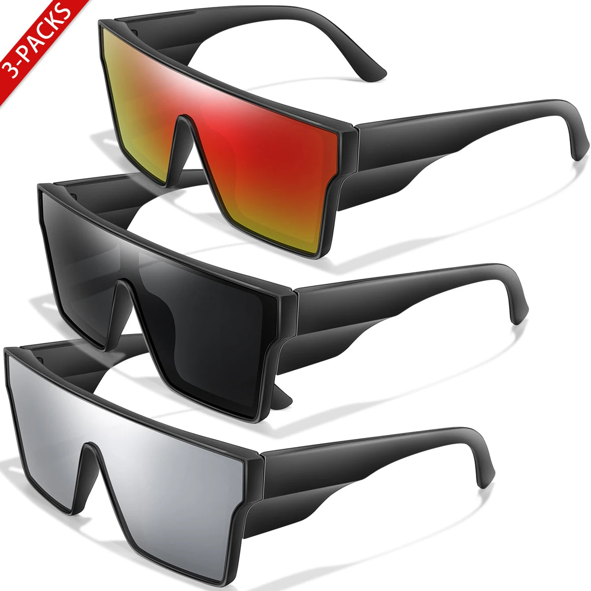 Tres pares de gafas de sol grandes UV400 en varios colores y estilos.