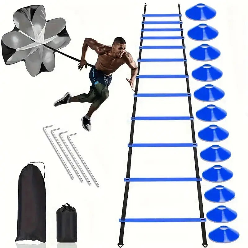 Paracaídas de entrenamiento de fútbol con red azul y negra y barras de práctica