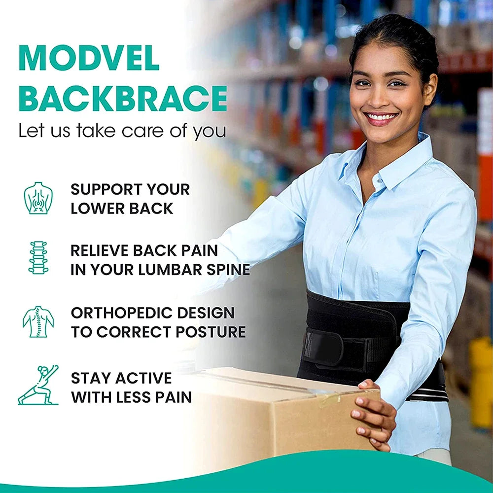 A smiling woman wearing a blue shirt and black backbrace, demonstrating the orthopedic lumbar support belt.