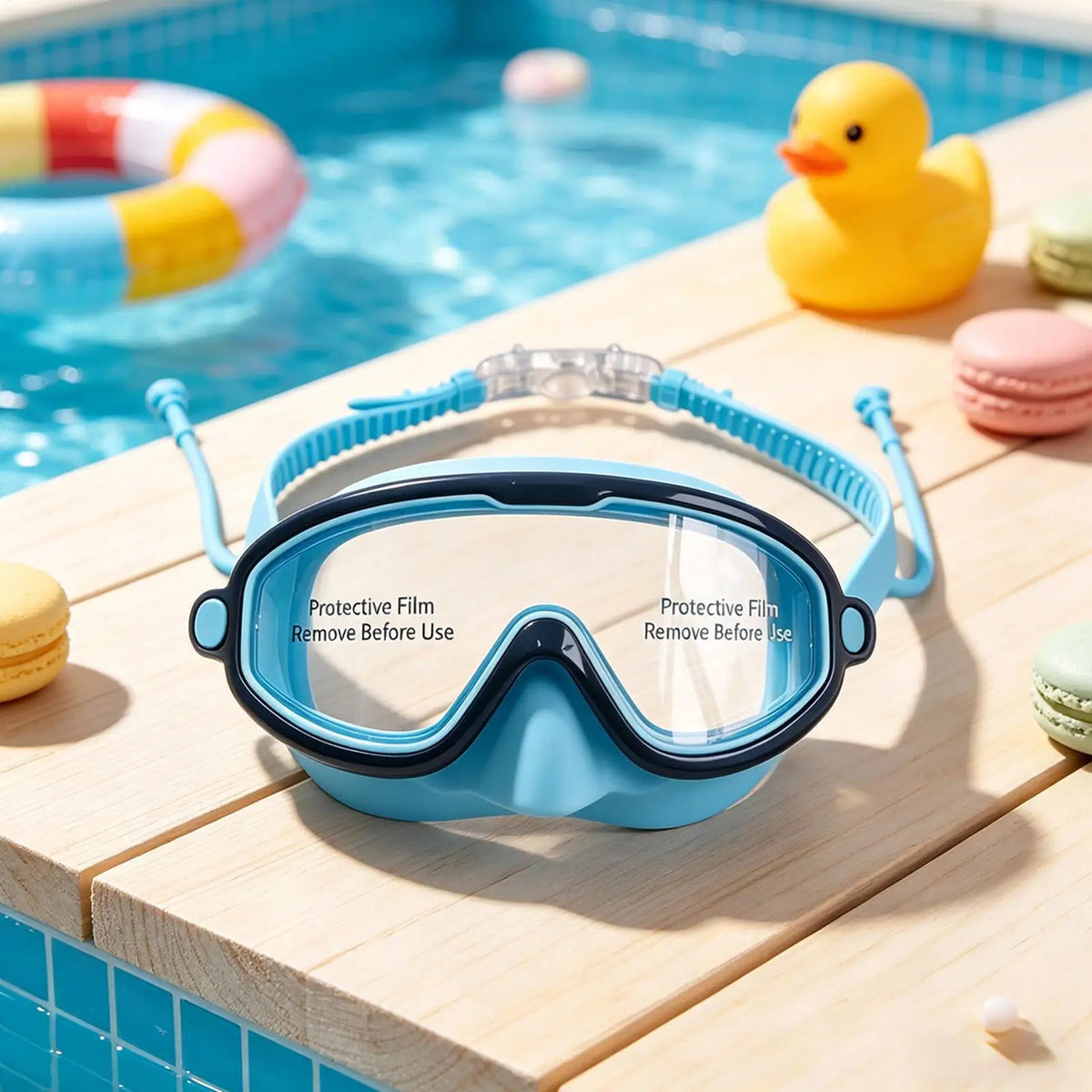 A pair of blue swimming goggles resting on a wooden surface near a pool with yellow rubber ducks.