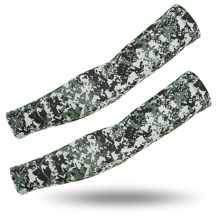 A pair of tactical camouflage arm sleeves shown diagonally against a white background.