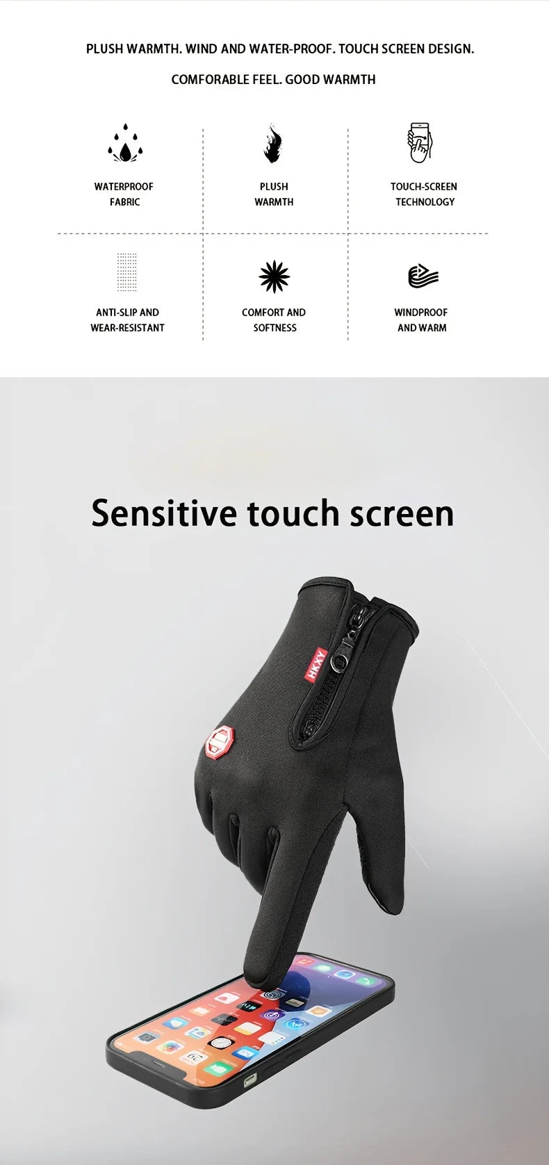 A black glove with a sensitive touch screen is shown resting on a smartphone.
