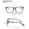 A pair of black square frame glasses shown from the front and side, with measurements provided.