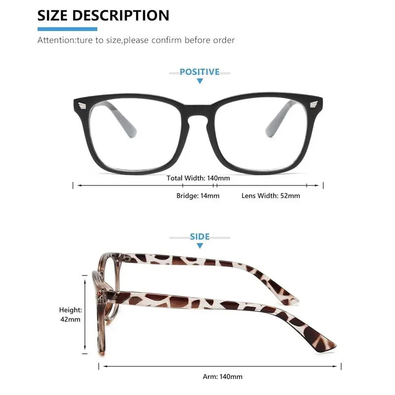 A pair of black square frame glasses shown from the front and side, with measurements provided.