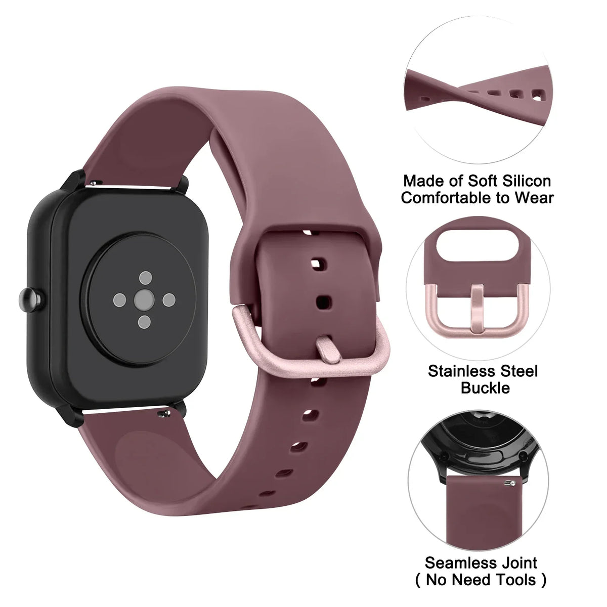 A mauve silicone watch strap with a stainless steel buckle and seamless joint for Huawei and Honor watches.