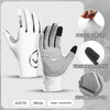 White performance cycling gloves shown with features like stretch comfort, finger touchscreen, and shock absorption.